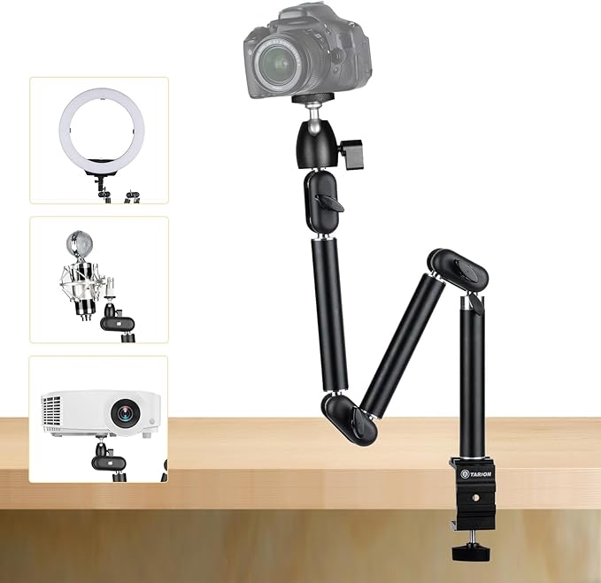 TARION Top Tripod Camera Desk Mount + 11in Magic Arm with Super Clamp, 360°Flexible Articulating Arm with 3/8'' Screw and 3/8'' to 1/4'' Screw + 3 Articulating Arms with 1/4" and 3/8" Thread