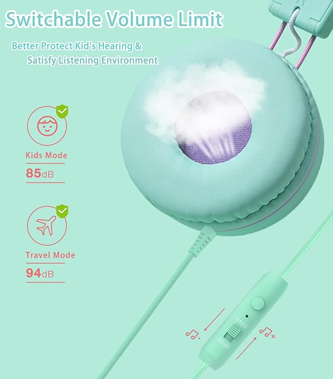 Kids Headphones with LED Lights for School, Upgrade USB Type C Kid Headphone with Microphone, Volume Limiter 85/94dB, Wired On Ear Headphones for Boys/Girls/Tablet/Travel -Green