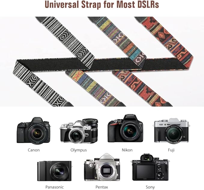 MoKo Camera Strap, Retro Cotton Canvas Woven Strap Universal Shoulder Neck Sling Belt for ALL DSLR/SLR Cameras Canon/Sony/Nikon, Adjustable Thin Strap for Adults & Kids, Black & White