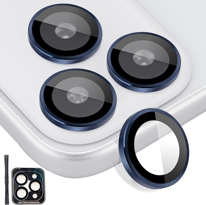 Camera Lens Protector for iPhone 17 Pro/17 Pro Max, Aluminum Alloy Tempered Glass Lens Protector with Installation Frame Fits for iPhone 17 Pro/17 Pro Max (Dark Blue)