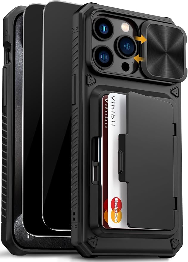 Vihibii for iPhone 15 Pro Max Case with Card Holder (4 Cards), Built-in 2X Privacy Screen Protector & Slide Camera Cover & Kickstand, Military Grade Drop Protection, Rugged Wallet Case, Black