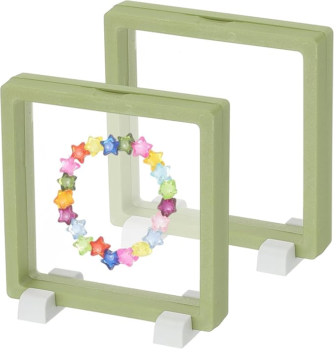 PATIKIL 2Pcs Floating Display Case, 4.3 Inch Jewelry Display Case Stand Challenge Coin Holder Frames Transparent Small Storage Box 3D for Necklace Bracelets Pendants, Green/White