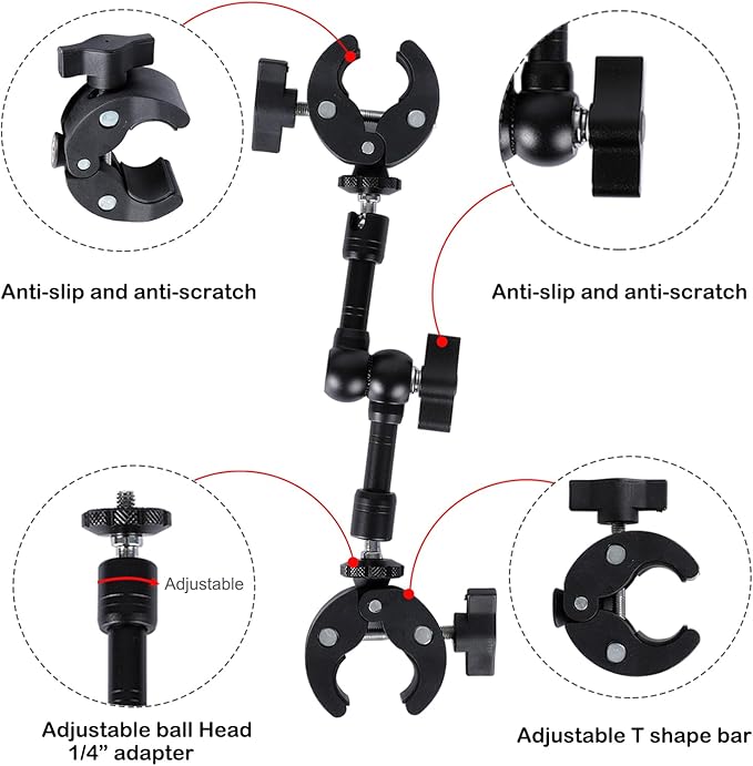 PellKing Super Double Clamp Camera Mount Umbrella Clamp, with 360° Magic Arm Double 1/4”-20 Adapter for Umbrella, Pole, Desktop, Strollers, Motorcycle, Photo Studio Light Stand, Photo Boom Stand