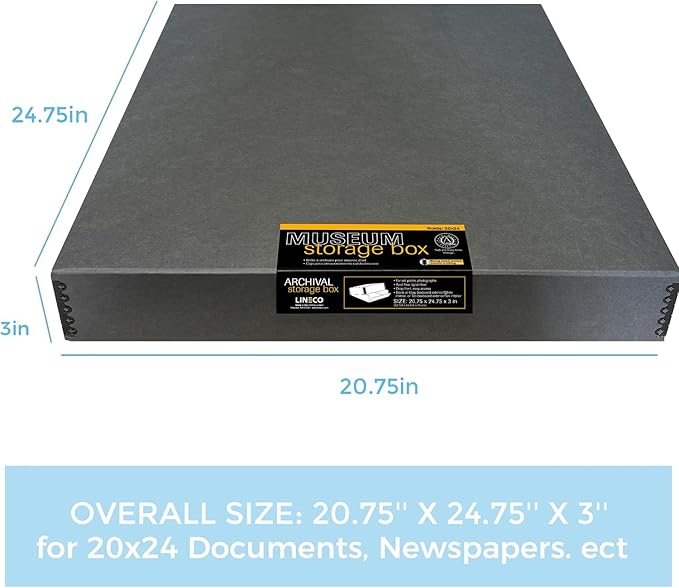Lineco Museum Archival Storage Box, 20.75x24.75x3 in. Drop Front Design. Acid-Free with Metal Edge. Organize Photos, Pictures, Prints, Documents, Crafts, DIY. Gray, 1 Pack