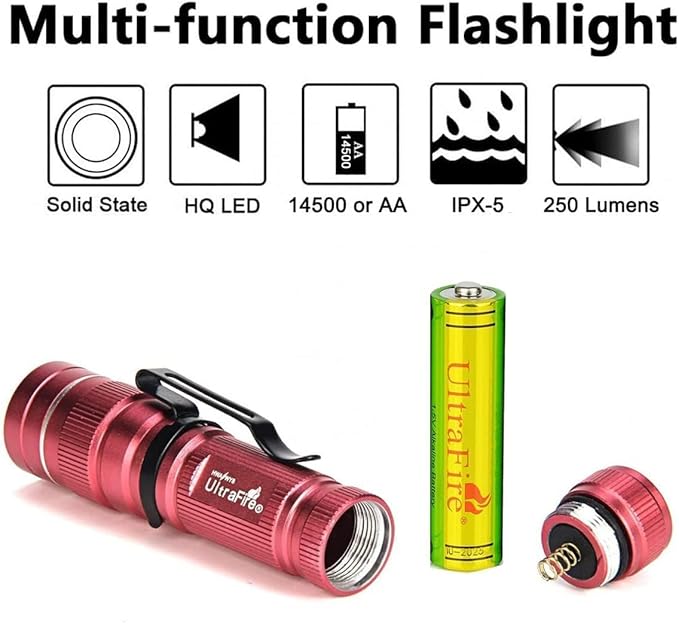 ULTRAFIRE Mini Pocket LED Flashlight with 1.5V AA Alkaline Battery, Zoomable 300 Lumen 3 Modes Bright Small EDC Flashlight Tactical Torch for Kids Children Outdoor Camping (Pink)
