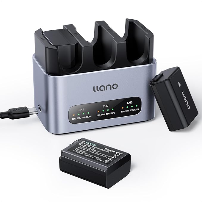 llano 3 Pack NP-FW50 Battery & 30W Fast Charger Set:Triple Slot for Sony Camera A6000 A6400 zv-e10 A7ii A6100 A6500 A6300 A7 A7II A7R A7RII A7S A5000 A5100,USB-C,LED,Durable CNC Aluminum