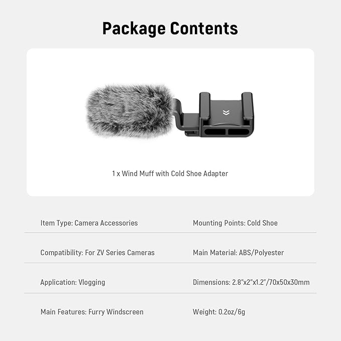 Neewer Cold Shoe Wind Muff for ZV Series Vlog Cameras, Microphone Furry Windscreen with Cold Shoe Mount Adapter Accessory Compatible with Sony ZV-1F ZV-E10 ZV-1 ZV-E1 ZV-1 II, CA133 Black