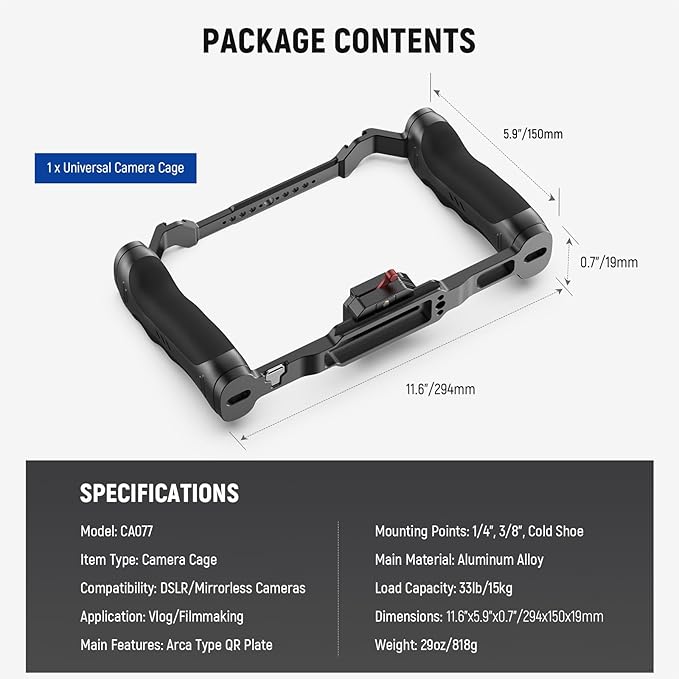 NEEWER Video Camera Cage Rig with Arca Type Quick Release Plate, Double Handles, 3/8" ARRI 1/4" Threads, Cold Shoes, Universal Camera Stabilizer, Compatible with SmallRig NEEWER Base Plate, CA077