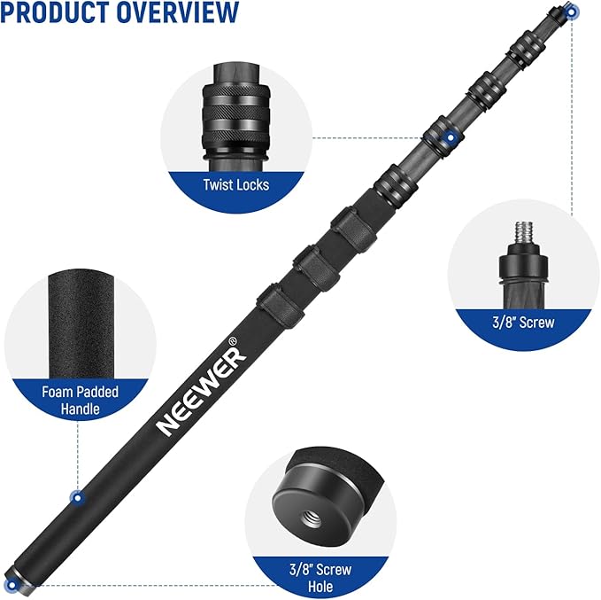NEEWER Upgraded Microphone Boom Pole, 9.8ft/300cm Telescopic Carbon Fiber Mic Boom Arm with 5 Sections, 1/4" 3/8" 5/8" Screw Adapters, Cable Straps, Shoulder Strap & Storage Bag, MS-300CB (Black)