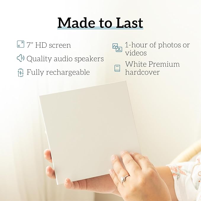 Heirloom 7" Digital Video Book with IPS HD Screen - Memory Playback Photo Album for Wedding Birthday Anniversary - 1 Hour Storage No WiFi Required - White Hardcover Gift