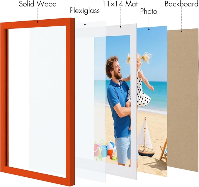 Vittanly 12x16 Picture Frame, Made of Solid Wood and Shatterproof Plexiglass, Display Pictures 11x14 with Mat or 12x16 without Mat, Wooden Photo Frame for Wall Mounting, Orange, 1 Pack