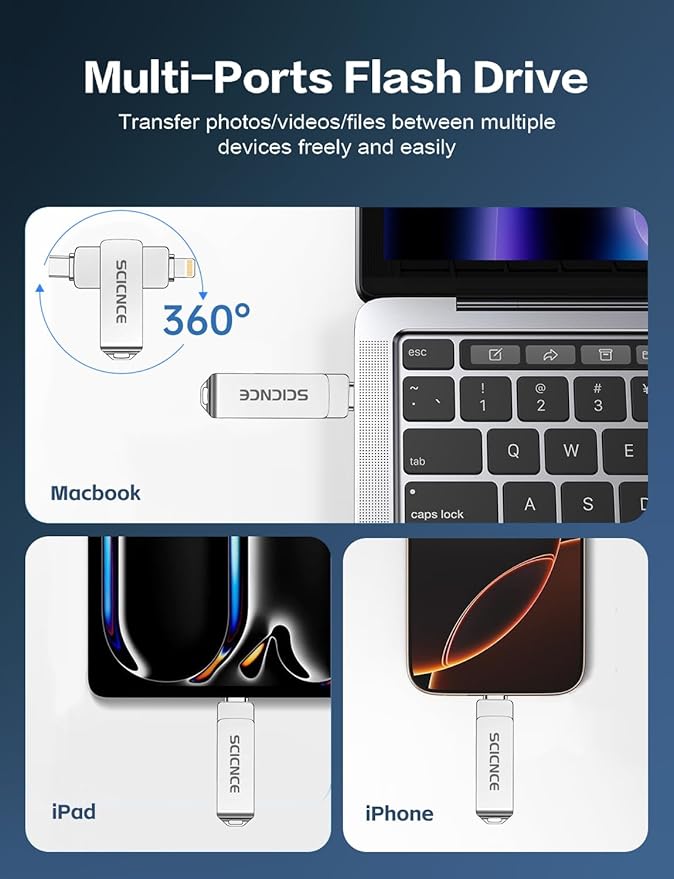 SCICNCE 256GB Flash Drive Intended for iPhone, USB Memory Stick Storage Backup for Photos Videos, Plug and Play No APP Required, Compatible with iPhone iPad Android and Computers (Metal Silver)
