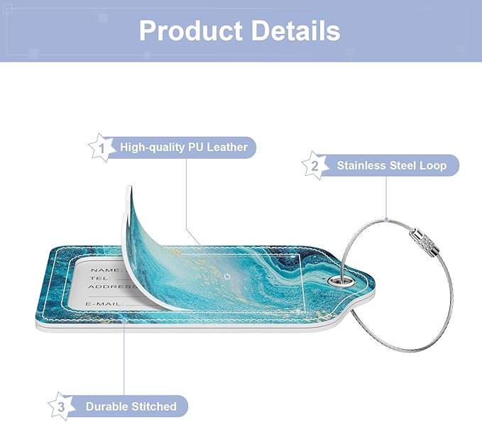 2 Pack PU Leather Luggage Tags for Suitcase, Travel Cruise Luggage Tag with Privacy Flap, Name ID Label and Metal Loop for Women Men Baggage Handbag School Bag Backpack, Blue Ocean Marble