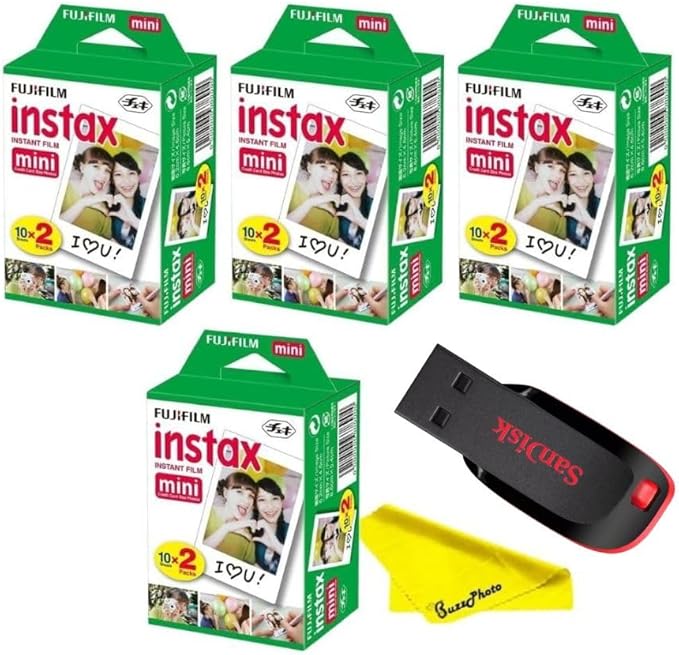 Fujifilm Instax Mini Instant Camera Film with Sandisk 32 GB USB Flash Drive + 4 x Mini Twin Packs (80 Sheets) and Buzz-Photo Microfiber Cleaning Cloth...