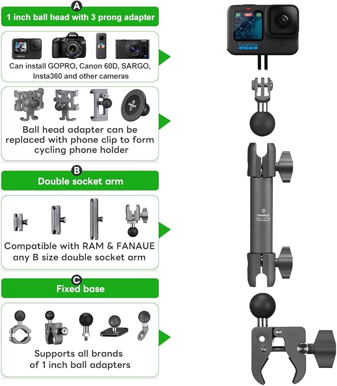 FANAUE Super Clamp Camera Mount Monitor Magic Arm Double Ball Head Adapter with 1/4"-20 Thread for Canon/Nikon/DSLR/Gopro/LED Lights/Insta360, Action Camera Can be Mounts on Bike Motorcycle Handlebar