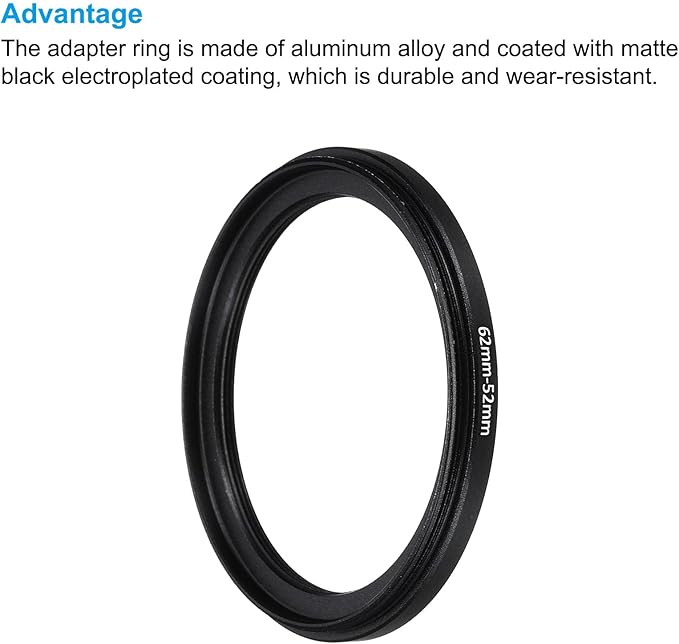 PATIKIL 62mm-52mm Metal Step Down Ring with Cleaning Cloth, 2 Pack Camera Lens Filter Adapter Ring Aluminum Filter Adapter Ring for Camera Lenses Hood, Black