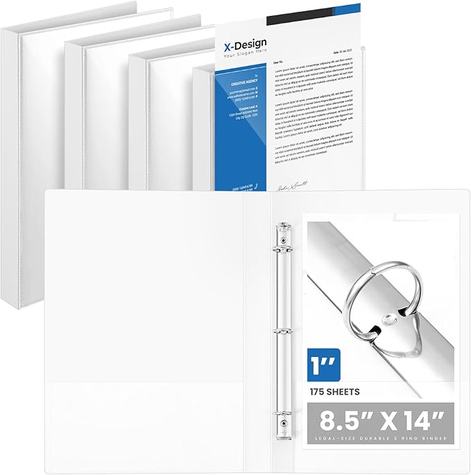 Henoyso 4 Pcs Legal Size Binder with View Cover 3 Ring 1" Durable PP Plastic White Binders for 8.5" x 14" Paper Hold up to 175 Sheets for Documents, Office, Home, Work Places