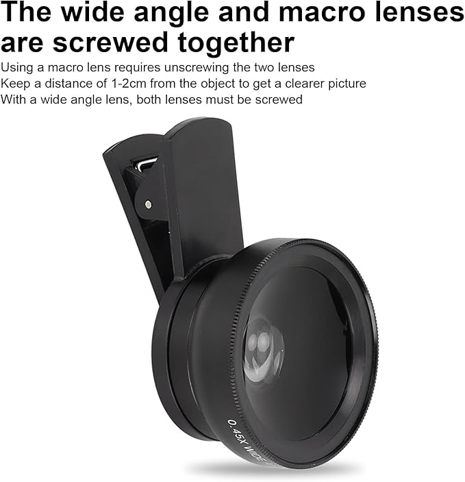 Phone Lens, 2 in 1 Clip on 0.45x Wide Angle+12.5X Macro Lens, Universal HD Camera Lens Kits for Mobile Phones, Tablets, for Picture Video Taking, with Storage Bag (Black)