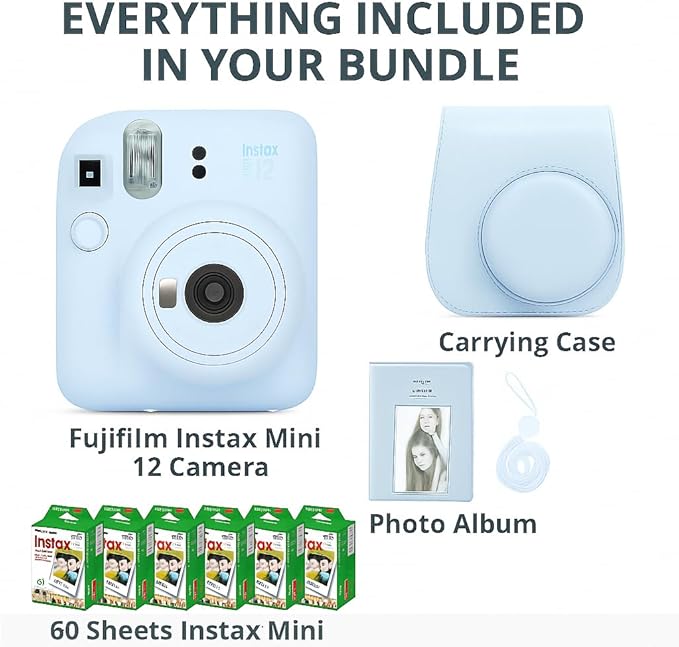 Fujifilm Instax Mini 12 Instant Camera Pastel Blue and Fuji Film Value Pack (60 Sheets) Bundle with Sturdy Tiger Accessories, Carrying Case, Photo Album 64 Pockets