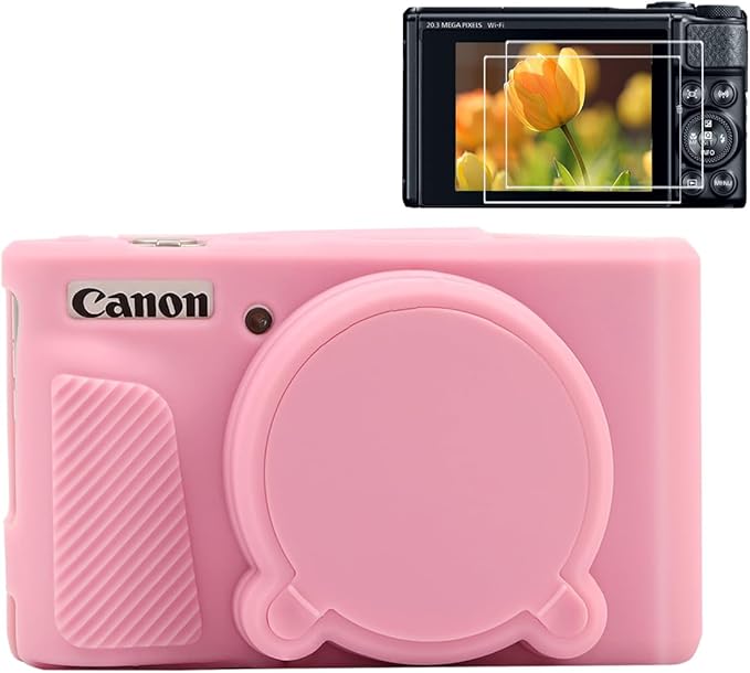 Pocoukate Case for Canon PowerShot SX740 HS Camera, Soft Silicone Protective Cover Skin with Removable Lens Cover for SX740/SX730 HS Accessories Rubber with Tempered Glass Screen Protector - Pink ﻿