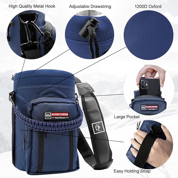 NATURE PIONEOR Water Bottle Holder with Adjustable Strap - Half/One Gallon (64/128oz) Insulated Water Bottle Sling Carrier with Phone Pocket & Paracord Handle, Outdoor Camping, Hiking, Gym