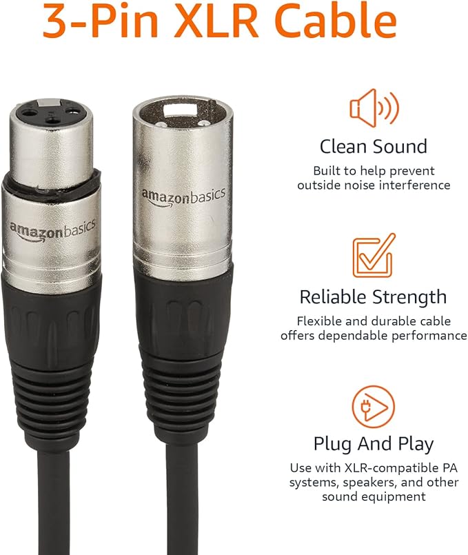 Amazon Basics XLR Microphone Cable for Speaker or PA System, All Copper Conductors, 6MM PVC Jacket, 25 Foot, Black