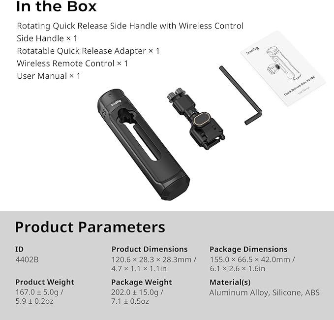 SMALLRIG Wireless Control Side Handle for SMALLRIG Quick Release Phone Cages, Aluminum Handle Grip with Infinite Rotation, Quick Release Adapter, Remote Control Module and Built-in Cold Shoe - 4402B