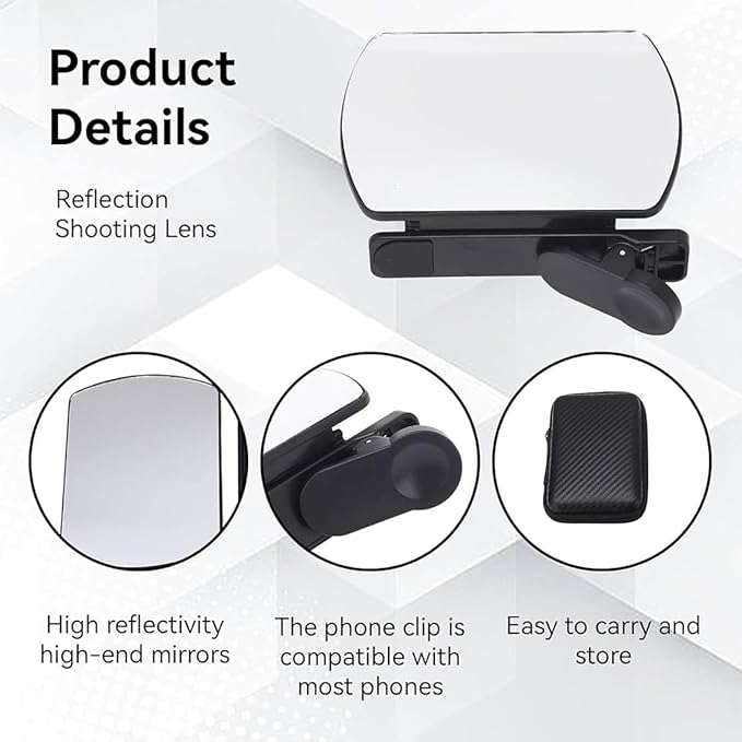 Mirror Effect Lens - Capture Stunning Reflections Instantly, Smartphone Camera Mirror Reflection Clip Kit for iPhone and All Phones, Adjustable HD Glass Smartphone Photography Flip for Travel (2Black)