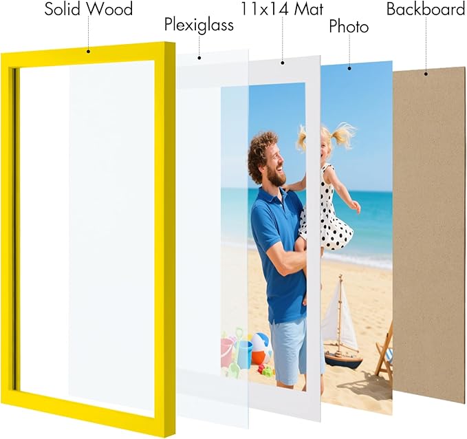 Vittanly 12x16 Picture Frame, Made of Solid Wood and Shatterproof Plexiglass, Display Pictures 11x14 with Mat or 12x16 without Mat, Wooden Photo Frame for Wall Mounting, Yellow, 1 Pack