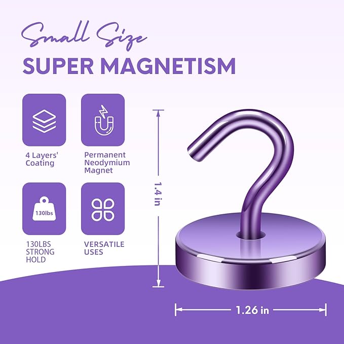 Neosmuk Magnetic Hooks, Cruise Ship Essentials, 130lb+ Heavy Duty Magnetic Hooks for Cruise Cabins, Refrigerator, Grill, Hanging, and Travel | Extra Strong Must-Haves Magnet Hook,Purple