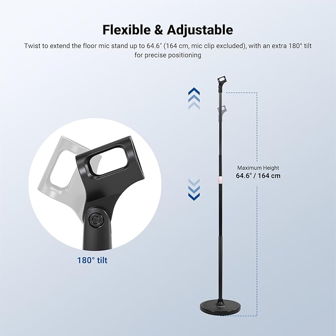 NEEWER Microphone Floor Stand, 3 Section Adjustable Detachable Mic Clamp Holder Mount with Weighted Base, Compatible with Blue Yeti HyperX QuadCast Shure SM58 Samson Q2U Fifine K669B, MS045