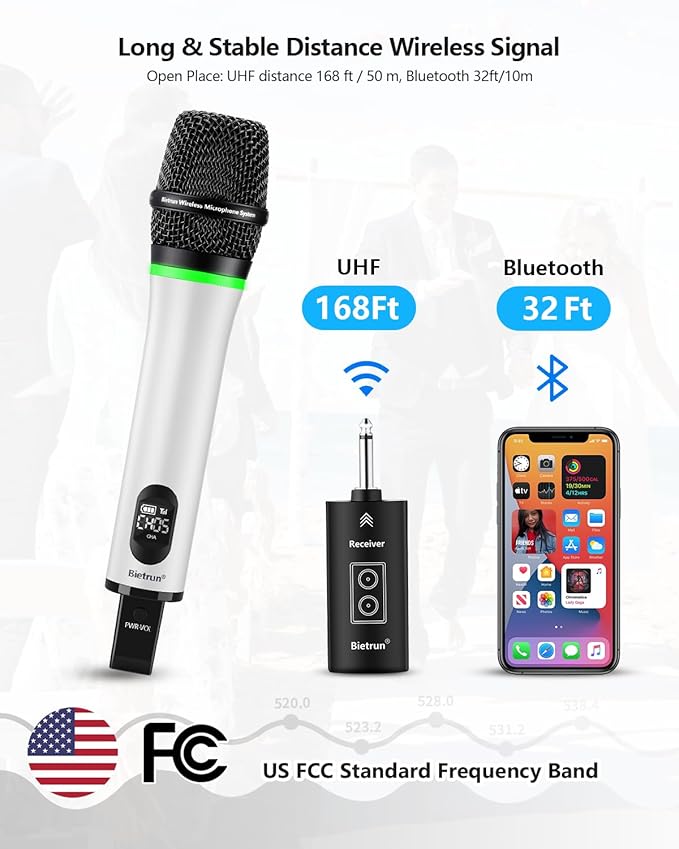 Bietrun Wireless Microphone Rechargeable, 168FT Range Bluetooth Microphone Wireless (Work 7 hrs) with 1/4'' Output, UHF Metal Handheld Dynamic Mic for Karaoke Machine/PA System/Speaker/Church/Wedding