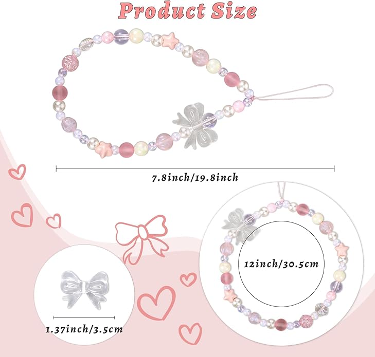 Pink Beaded Phone Wrist Straps, Y2K Phone Case Charms Camera Charm Strap, Lanyard Keychain Wristlet Aesthetic Cellphone Charm