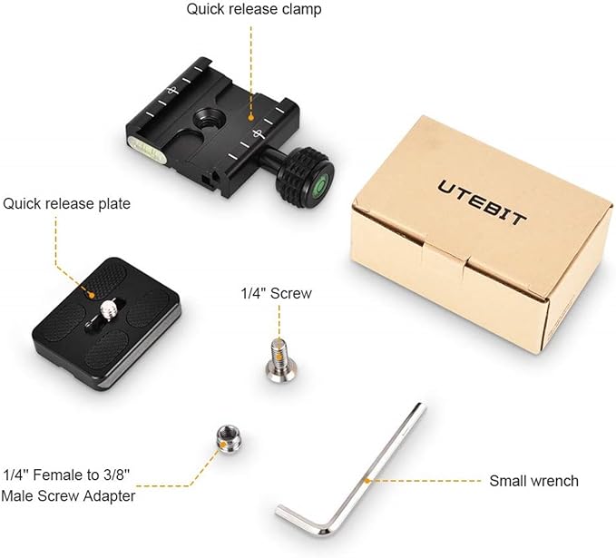 UTEBIT 50mm Arca Swiss Quick Release Plate, Aluminum QR Clamp Adapter Set with 3/8"&1/4" Screw Hole, Built-in Bubble Level Compatible with Manfrotto DSLR Camera Tripod Ball Head Monopod