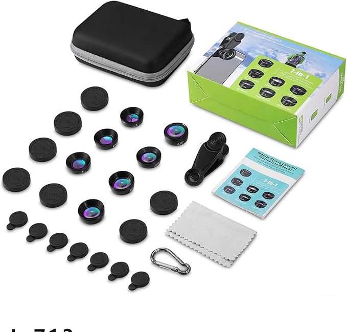 7-in-1 Phone Camera Lens Kit – 210° Fisheye Lens, 120° Wide Angle Lens, 20X Macro Lens for iPhone, Samsung & Android Smartphones – HD Optical Glass, Universal Clip, Portable Case (Black) (7 in 1)