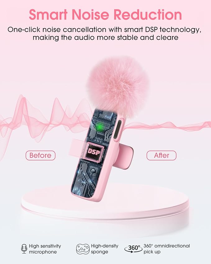 Mini Wireless Lavalier Microphone for iPhone 16/15/14/Android, Lapel Mic with Noise Reduction, 12H, 65ft, Pink Tiny Microphone Content Creator Interview for Vlog YouTube TikTok Recording (Pink)