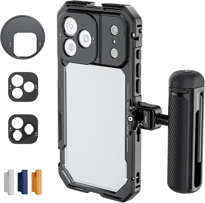NEEWER Phone Cage Kit Compatible with iPhone 17 Pro Max Only, Video Rig Stabilizer Accessories with 67mm Filter Ring, 17mm & T Mount Lens Backplates, Quick Release Bluetooth Handle, PA144 (Black)