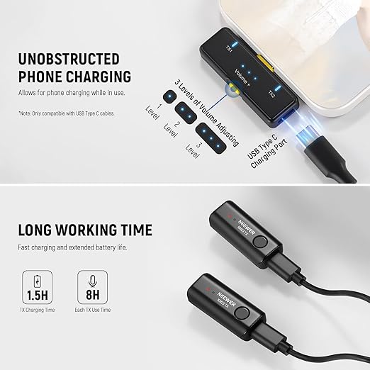 NEEWER Lavalier Wireless Microphone System, 1x USB C Receiver with OTG Adapter & 2X Noise Cancelling Omnidirectional Condenser Transmitter Compatible with iPhone 16 Pro Max S24 Ultra, KM23