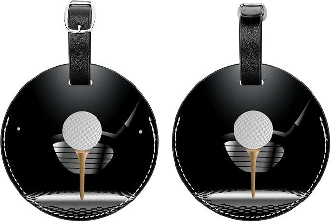2 Pack Golf Ball on Tee with Club in The Spotlight Luggage Tags for Suitcases PU Leather Privacy Protection 2 Pack Bag Tags Travel Accessories Essential