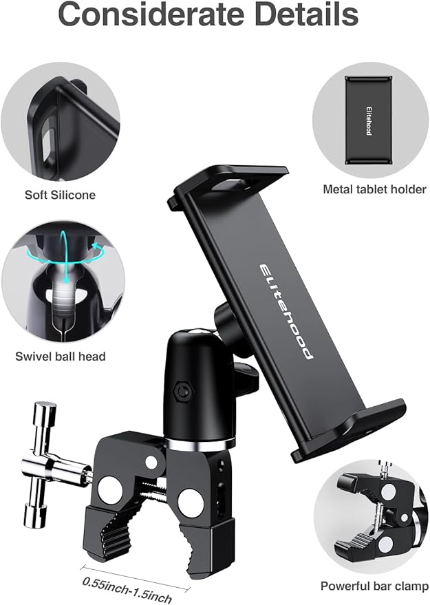elitehood Metal iPad Holder for Mic Stand, 360° Adjustable Mic Stand Tablet Holder, Aluminum iPad Mount for Music Microphone Stand, Compatible with 4.7-13" Tablets and Cell Phones
