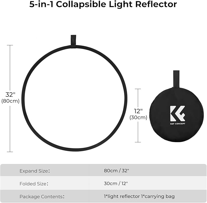 K&F CONCEPT 5-in-1 Light Reflector 32"(80cm) Photography Diffuser Collapsible Portable for Studio and Outdoor Lighting Gold Silver White Black Translucent