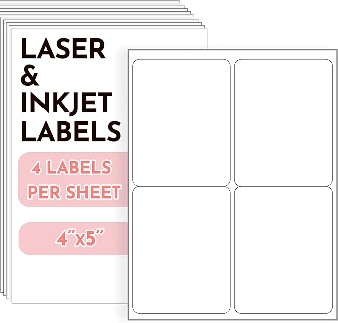 4"x5" Shipping Address Labels, Matte White Printable Labels, 1920 Total (480 Sheets, 4-Up), Compatible with Laser & Inkjet Printers for Packaging & Mailing