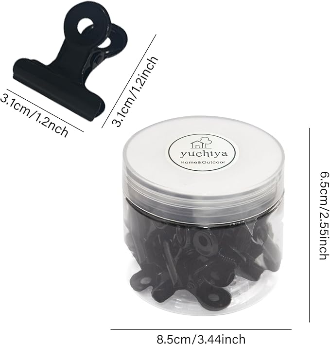 YUCHIYA 20 Pack Metal Clips with 20 Push-pins for Corkboard,Bulldog Clips for Hanging Pictures,Small Hinge Clips for Photos Crafts,Mini Binder Clips Paper File Clamps for Office(Black,1.2inch)