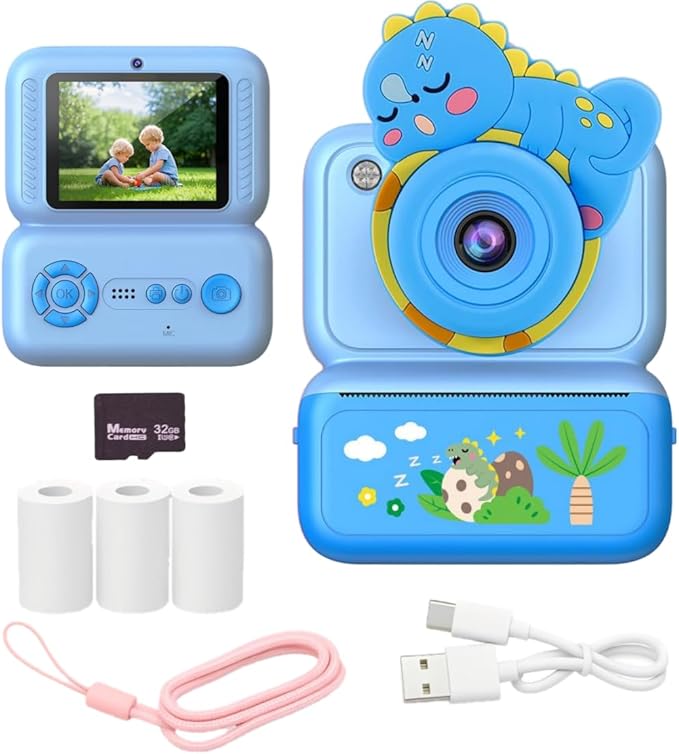 Kids Instant Print Camera, 2.4" HD Screen Instant Camera, Dual 3MP Kids Camera, 1080P Video, MP3 & Games, Includes Printing Paper & Lanyard, Gift for Boys & Girls (Blue-Black and White Printing)