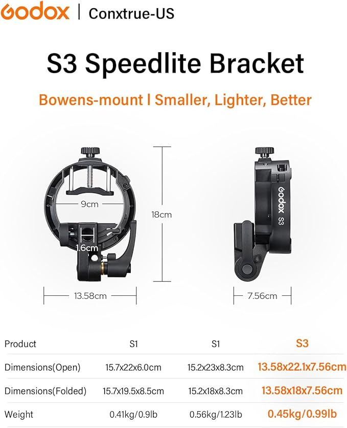 Godox S3 Speedlite Bracket for Bowens Mount, 2025 Upgraded S2 S-Type Version, Smaller & Lighter Flash Holder for Reflector, Snoot, Umbrella and Softbox