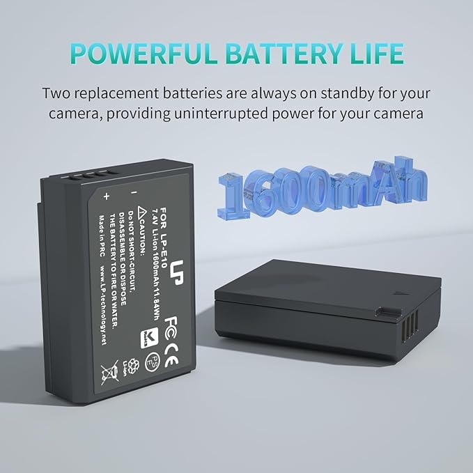 LP LP-E10 Battery Charger Pack, 1600mAh 2-Pack Battery & Dual Slot Charger, Compatible with Canon EOS Rebel T7, T6, T5, T3, T100, 4000D, 3000D, 2000D, 1500D, 1300D & More (Not for T3i T5i T6i T6s T7i)