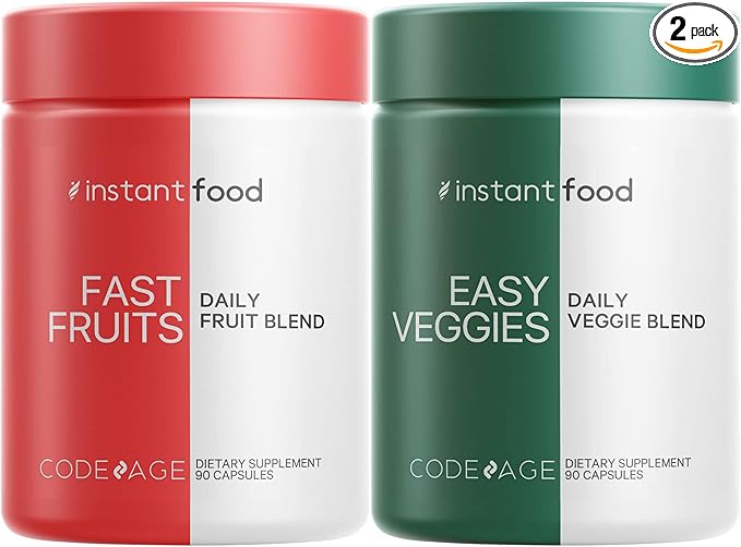 Codeage InstantFood Easy Veggies + Fast Fruits Bundle – Vegetable & Fruit Blend Capsule Supplement – Plant-Based Phytonutrient Formula – Vegan, Non-GMO – 180 Capsules