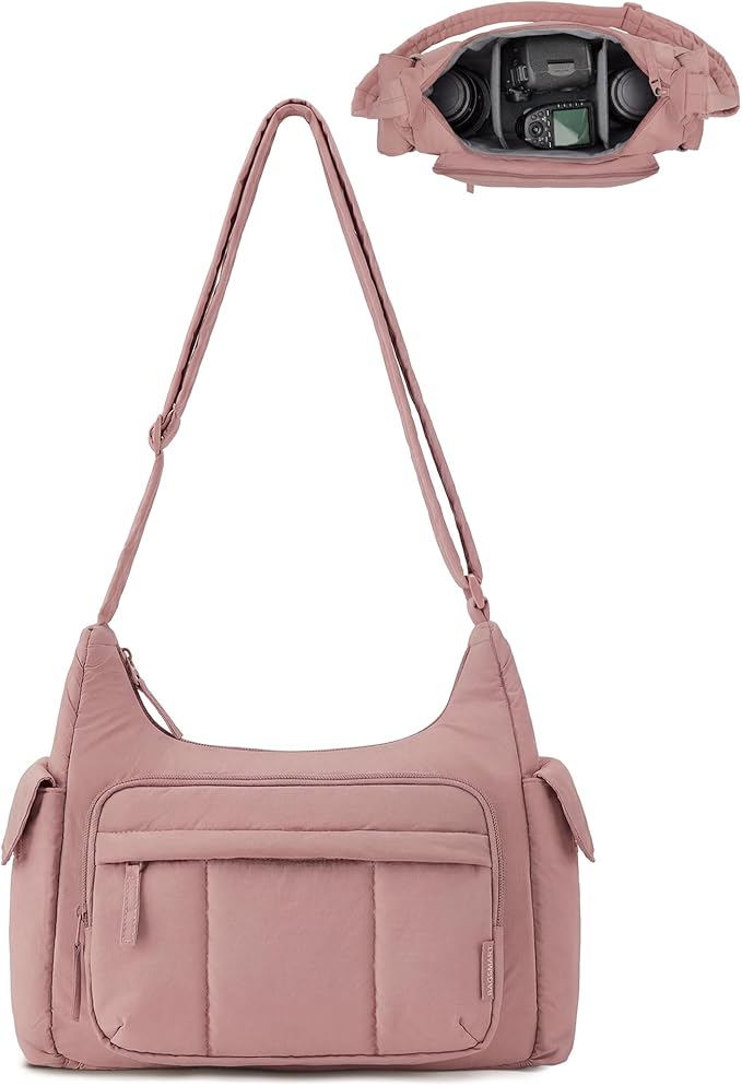 BAGSMART 2 in 1 Puffy Camera Sling Bag for Photographer, Everyday Shoulder Crossbody Bag with Pockets Digital Camera Case for DSLR/Mirrorless, Dark Pink