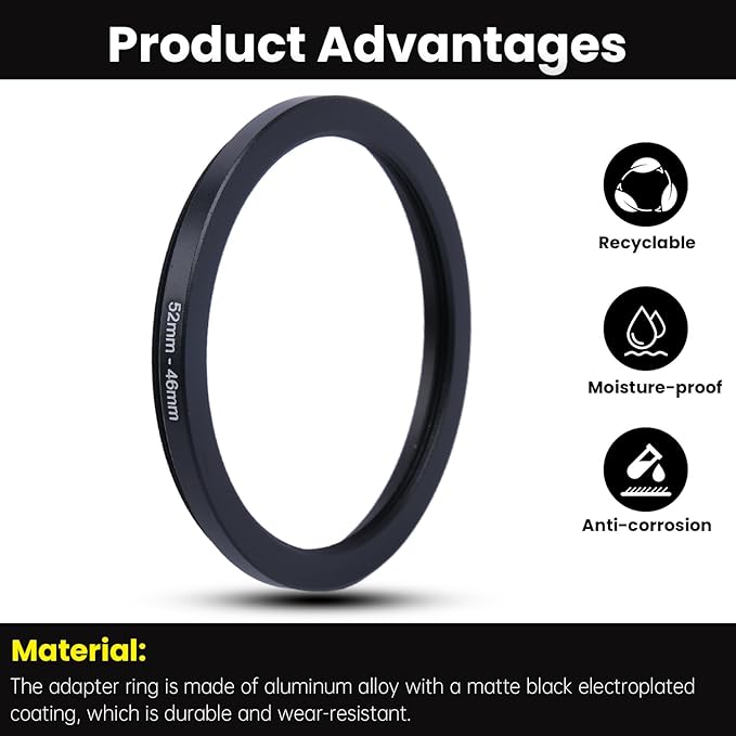 Metal Step Down Ring Filter Adapter - 52mm to 46mm - Metal Ring Step Down Rings Adapter Filter Compatible with All 46mm UV, CPL, ND, Lens Hood, Threaded Lens ect