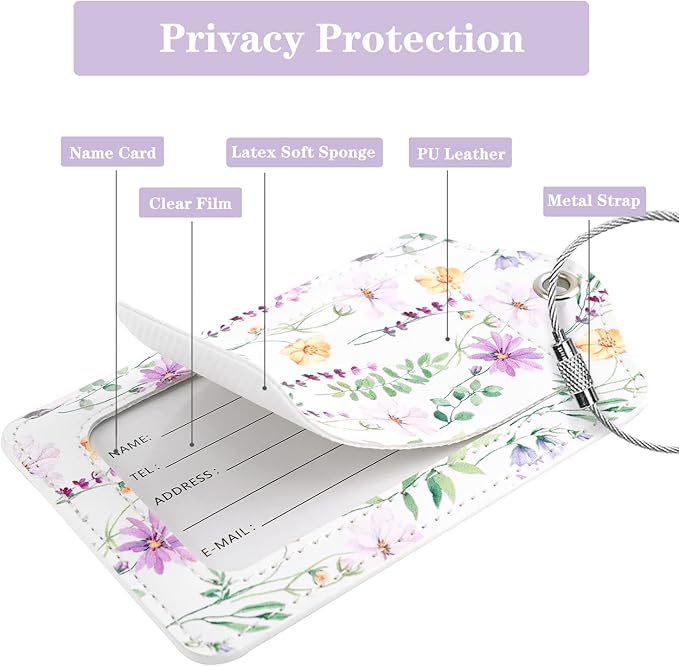 (Set of 2) Luggage Tag Leather Privacy Cover ID Label Address Card with Stainless Steel Loop, Travel Bag Tags Suitcase Labels, White Daisy
